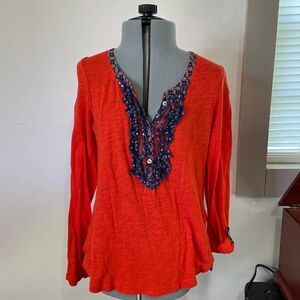 Anthropologie Postcard Card Red Long Sleeve T Shirt Contrast Ruffles size XS